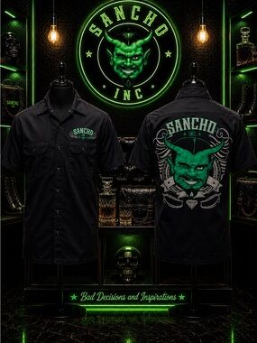 Sancho Inc Mechanic Shirt Black Workwear Button Up Green Devilish Back Red Kap
